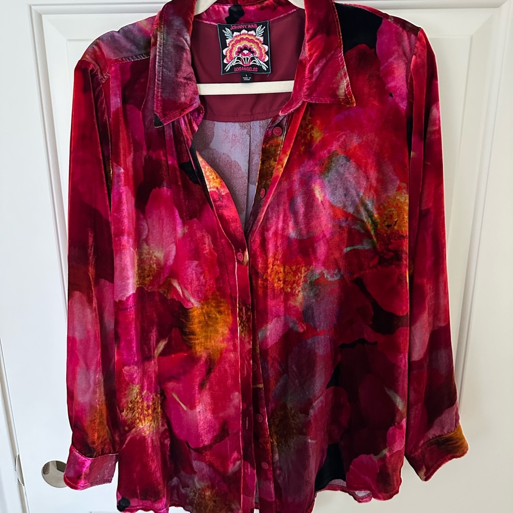 Johnny Was Red and Pink Velvet Button-Down Shirt
